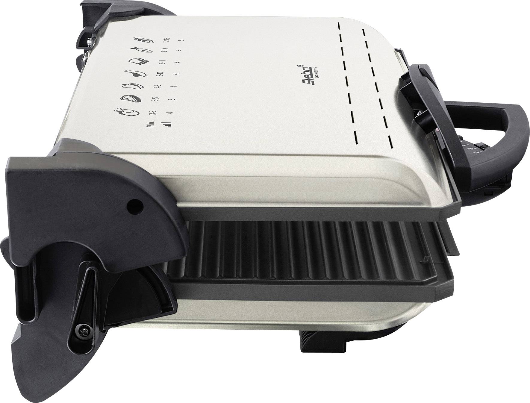 Elektrický kontaktní gril se stříbrným tělem, černými úchyty a drážkovanými deskami. Vhodný pro grilování, opékání a přípravu toastů.