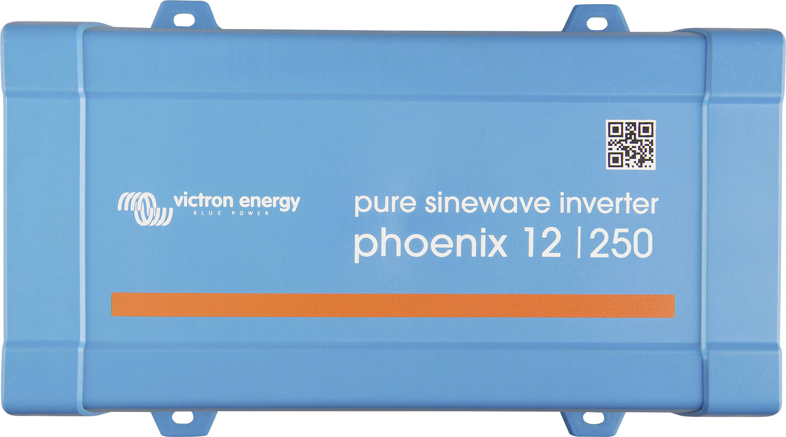 Modrý měnič od Victron Energy s nápisem 'čistý sinusový měnič phoenix 12 | 250'.