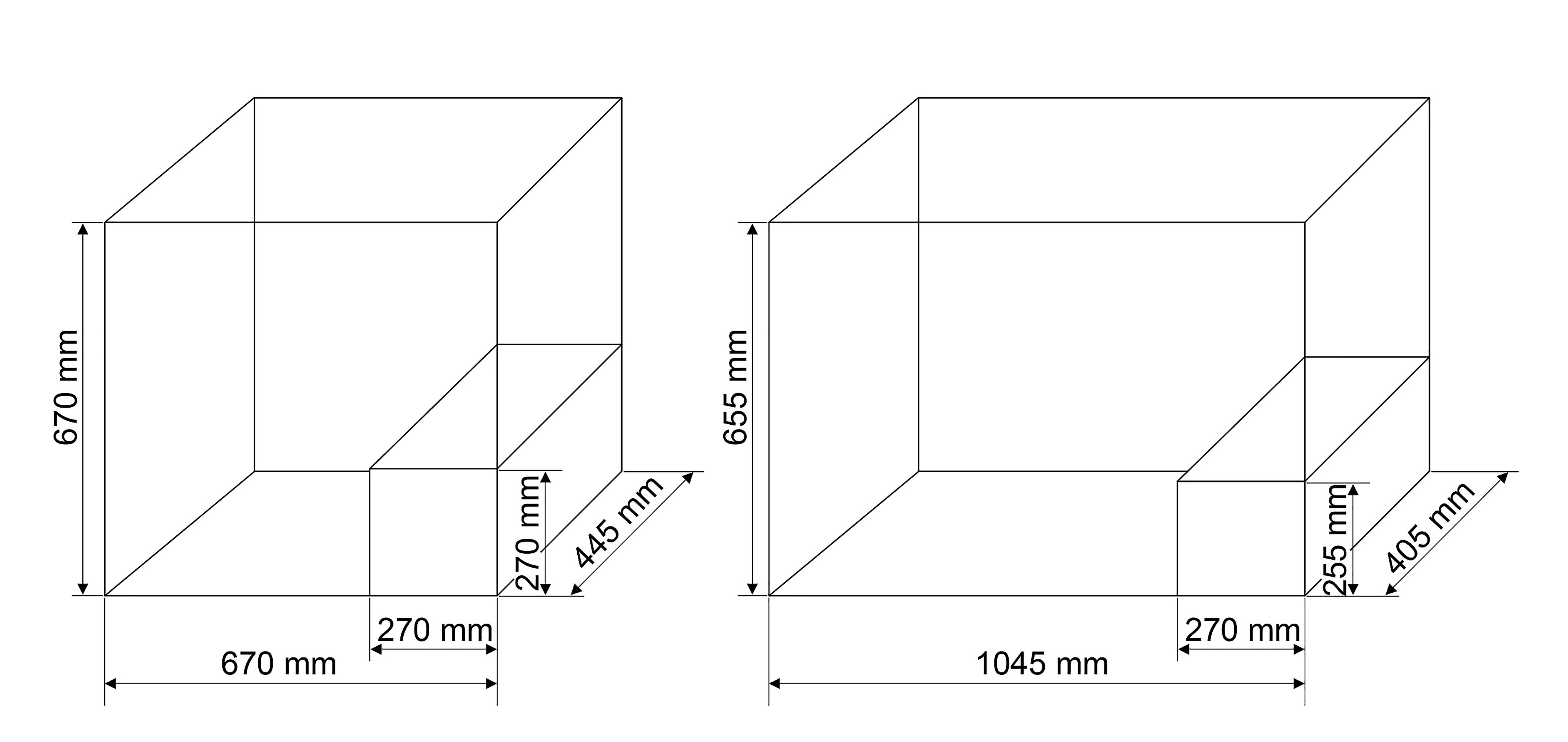 Dva trojrozměrné boxy s rozměry. Vlevo: 670 mm x 670 mm x 270 mm. Vpravo: 1045 mm x 655 mm x 255 mm.