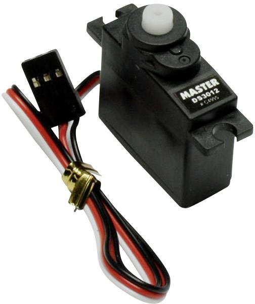 Černý servo motor s bílým ozubeným kolem a dvěma vodiči zakončenými konektorem. Text na servo motoru: 'MASTER D-3012'.