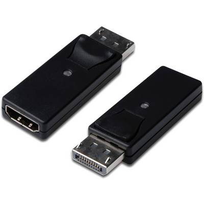Dva černé HDMI-na-DisplayPort adaptéry na bílém pozadí, jeden ukazující HDMI konektor, druhý DisplayPort konektor.