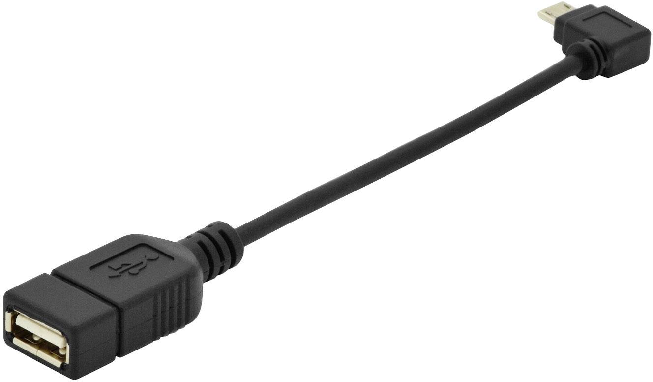 Černý USB adaptérový kabel s běžným USB konektorem na jedné straně a micro USB konektorem na straně druhé.