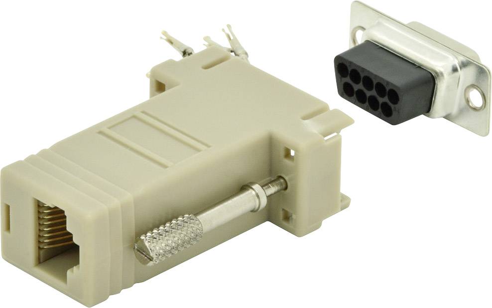 Béžový adaptér RJ45 na RS232, složený z modulárního konektoru a devítipinové zásuvky, ukazuje možnosti datového propojení.