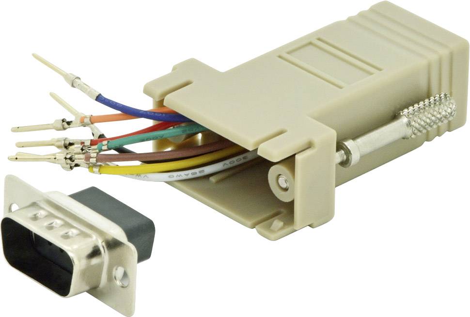 Béžový RJ45 na sériový adaptér s odizolovanými konci kabelů a konektorem DB9.
