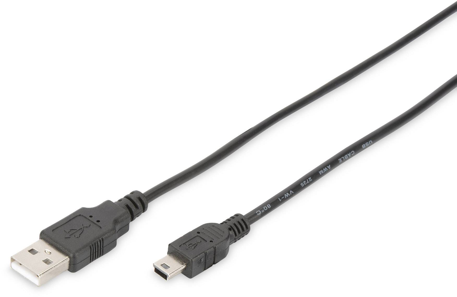 Kabel s USB-A konektorem na levé straně a Mini-USB konektorem na straně pravé, používané pro přenos dat a nabíjení.