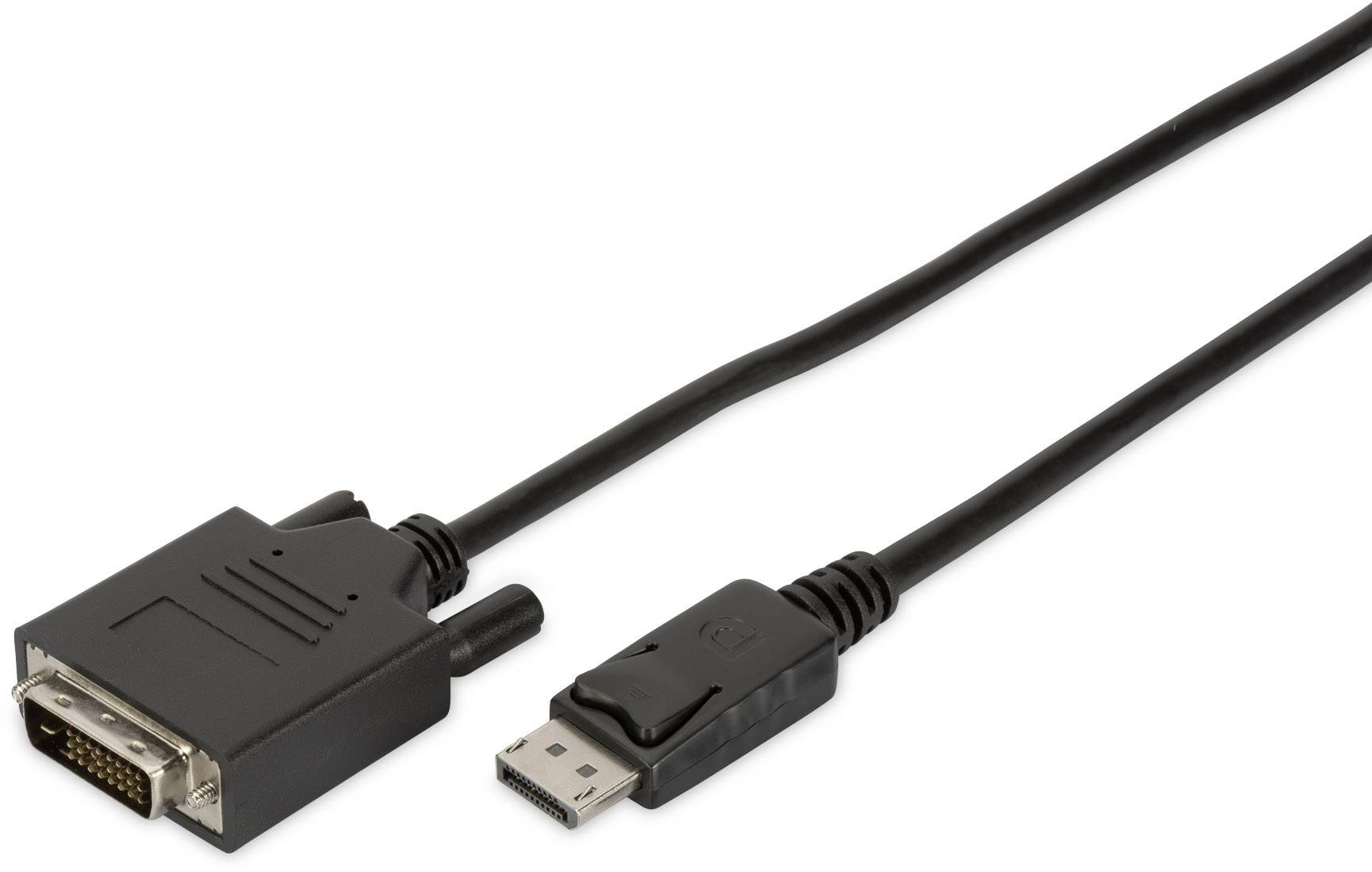 Černý kabel s konektorem DVI na jedné straně a konektorem DisplayPort na straně druhé.