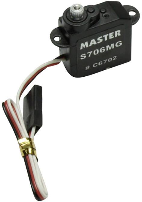 Černý modelářský servo s nápisem 'MASTER S706MG #C6702'. Vlevo jsou viditelné bílé a červené kabely s konektorem.