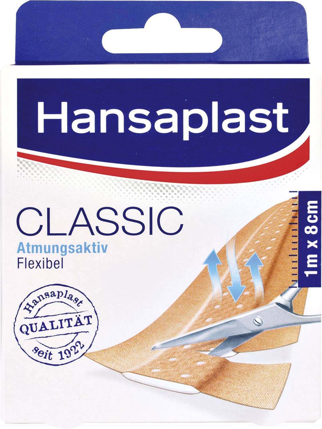 Obal náplasti 'Hansaplast Classic', 1m x 8cm. Text: 'Prodyšná, Flexibilní, Hansaplast Kvalita od roku 1922'. Zobrazené nůžky stříhají náplast.