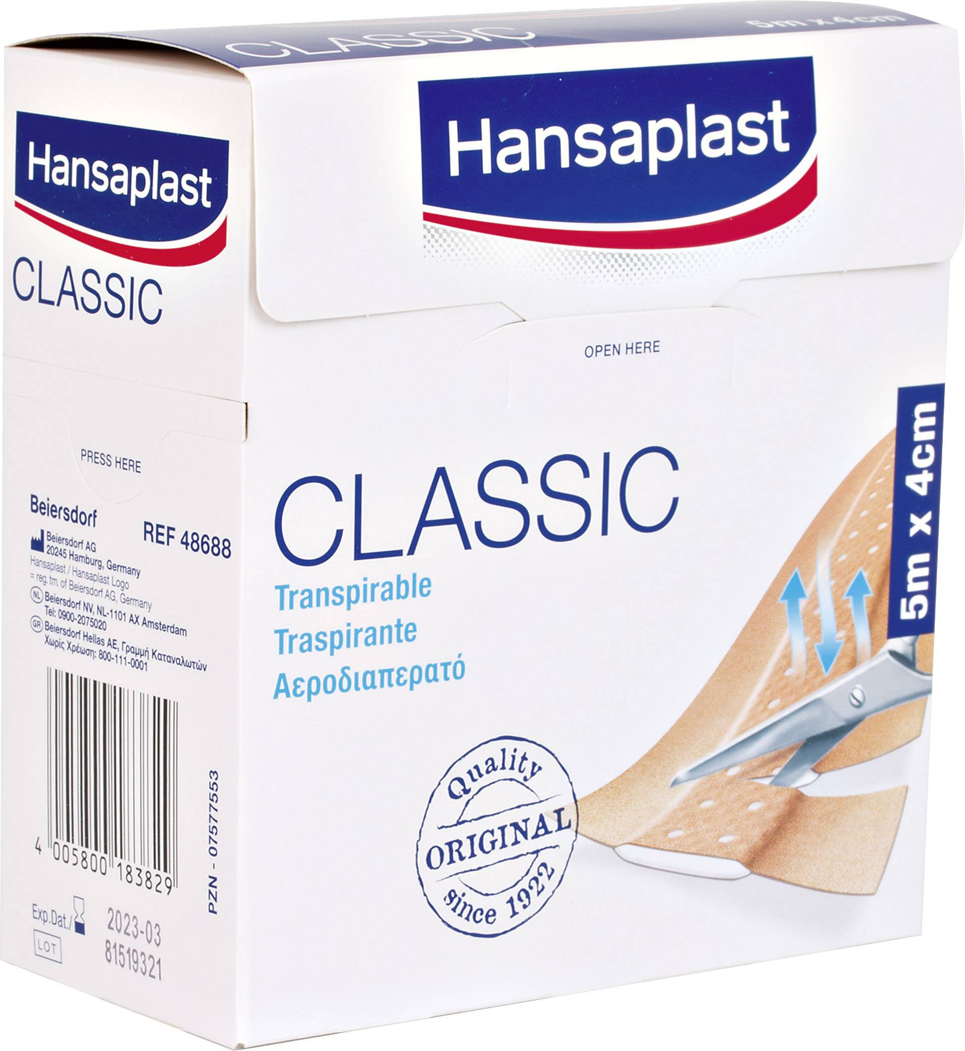 Bílá krabice s nápisem 'Hansaplast Classic'. Zobrazuje nůžky, které stříhají náplast. Text v několika jazycích.