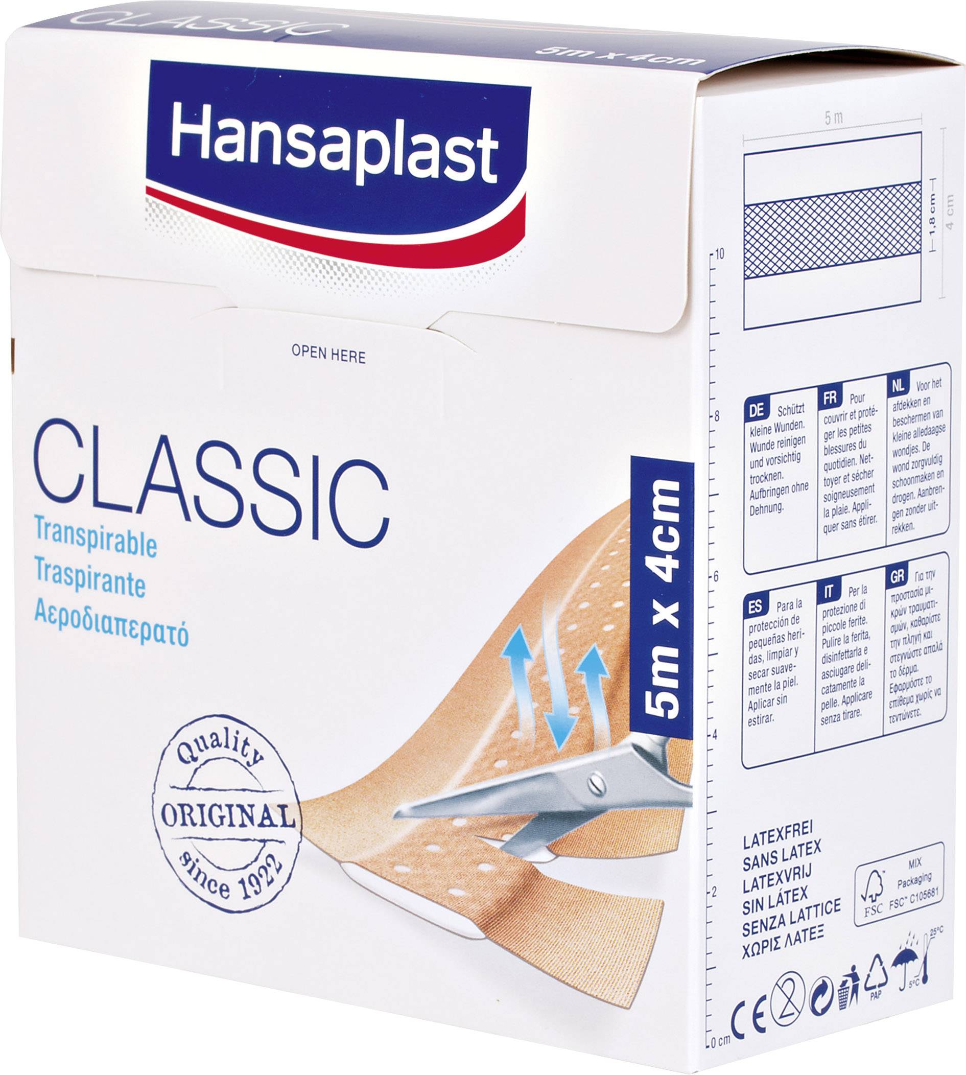Obal náplasti Hansaplast Classic, 5 cm x 4 m. Zobrazuje náplast, která je stříhána nůžkami.