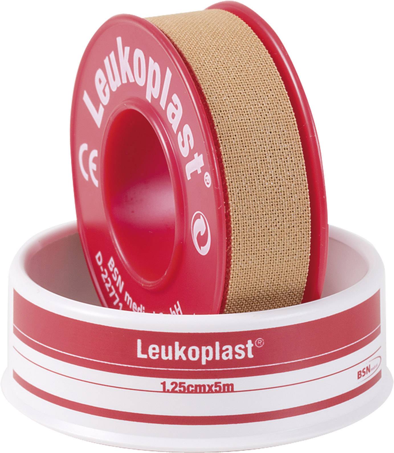 Role tělové náplasti v červeném zásobníku. Na zásobníku je nápis 'Leukoplast', 1,25 cm x 5 m.