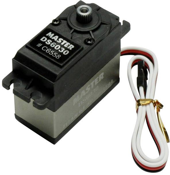 Černý servomotor modelu 'MASTER DS6030' s připojeným bílým kabelem, vhodný pro RC modely a robotické projekty.