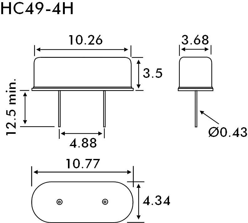 Technický výkres krystalového oscilátoru HC49-4H s rozměry: délka 10,26 mm, šířka 4,88 mm, výška 12,5 mm. Rozteč pinů 10,77 mm.