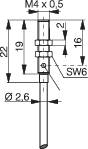 Technický výkres šroubu s rozměry: závit M4 x 0,5, délka 22 mm, šestihranná hlava SW6 a průměr 2,6 mm.
