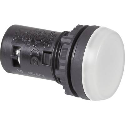 Kulatý černý stiskací knoflík s bílým víčkem, vhodný pro elektronické ovládací panely.