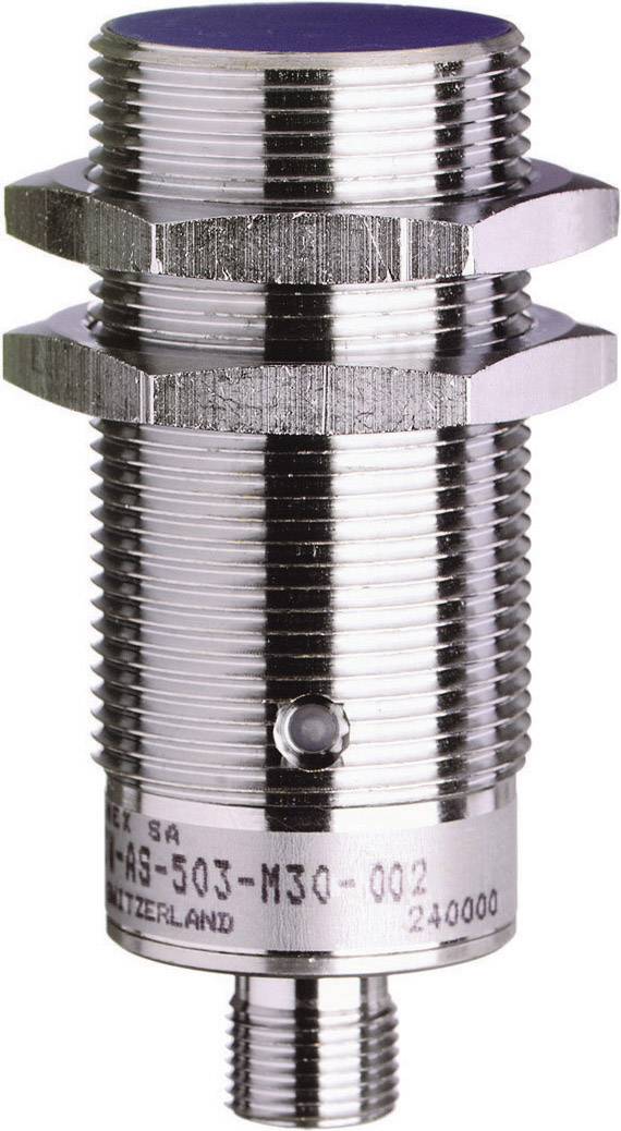 Válcový indukční snímač s kovovým pouzdrem a závitem, vhodný pro průmyslové aplikace k detekci objektů.