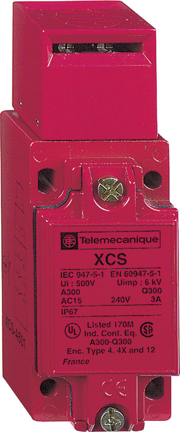 Červený bezpečnostní koncový spínač Telemecanique, model XCS. Vhodný pro 500 V, 240 V AC, s certifikáty UL a CE. Stupeň krytí IP67.