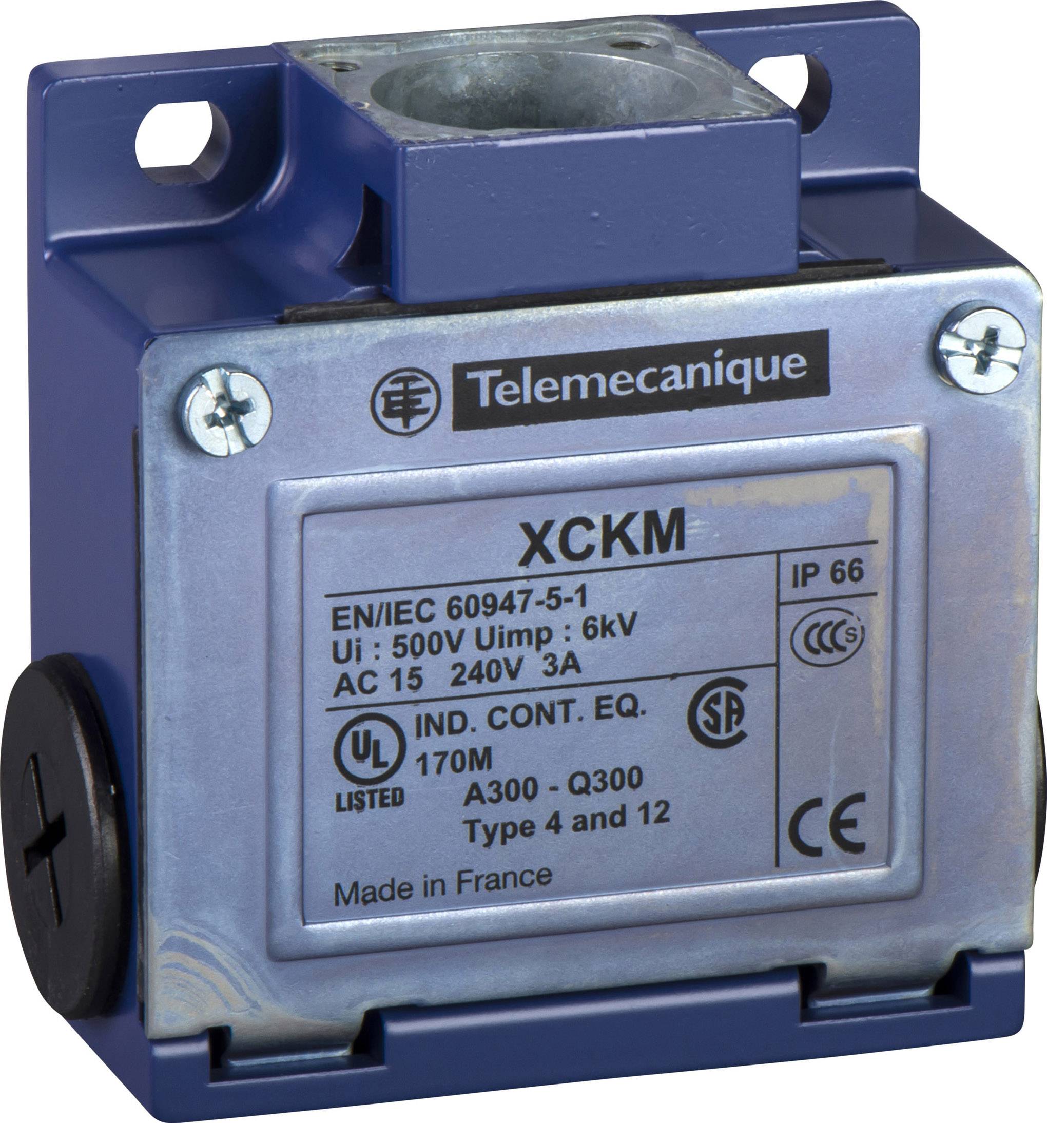 'Telemecanique koncový spínač XCKM, IP66, 500V, 6kV, AC15 240V 3A, A300-Q300, EN/IEC 60947-5-1, Vyrobeno ve Francii.'