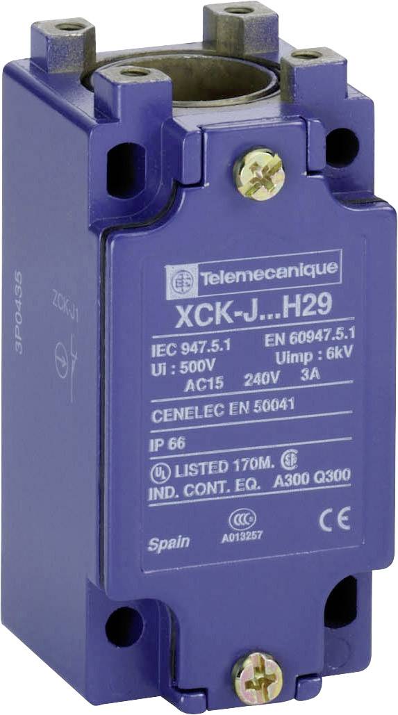 Modrý elektrický spínač s nápisem 'Telemecanique XCK-J H29', jsou uvedeny technické specifikace.