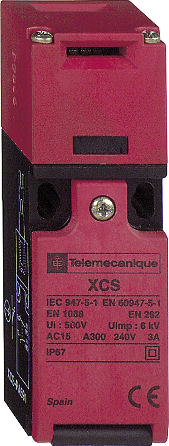 Bezpečnostní koncový spínač od Telemecanique, červený kryt, specifikace: IEC 947-5-1, EN 60947-5-1, UI 500V, AC15 A300 240V 3A.