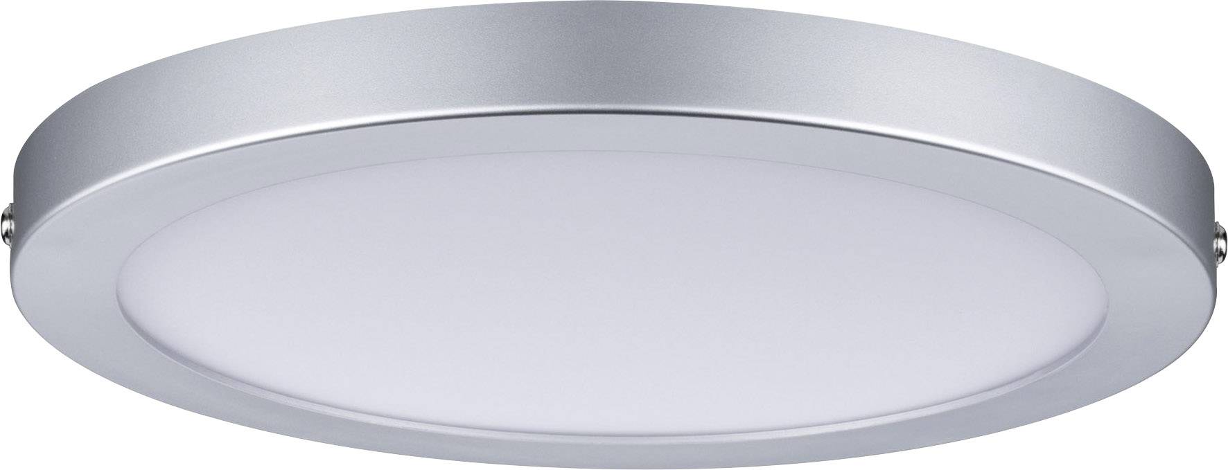 Kulaté stropní LED svítidlo se stříbrným rámečkem a matným bílým difuzorem.