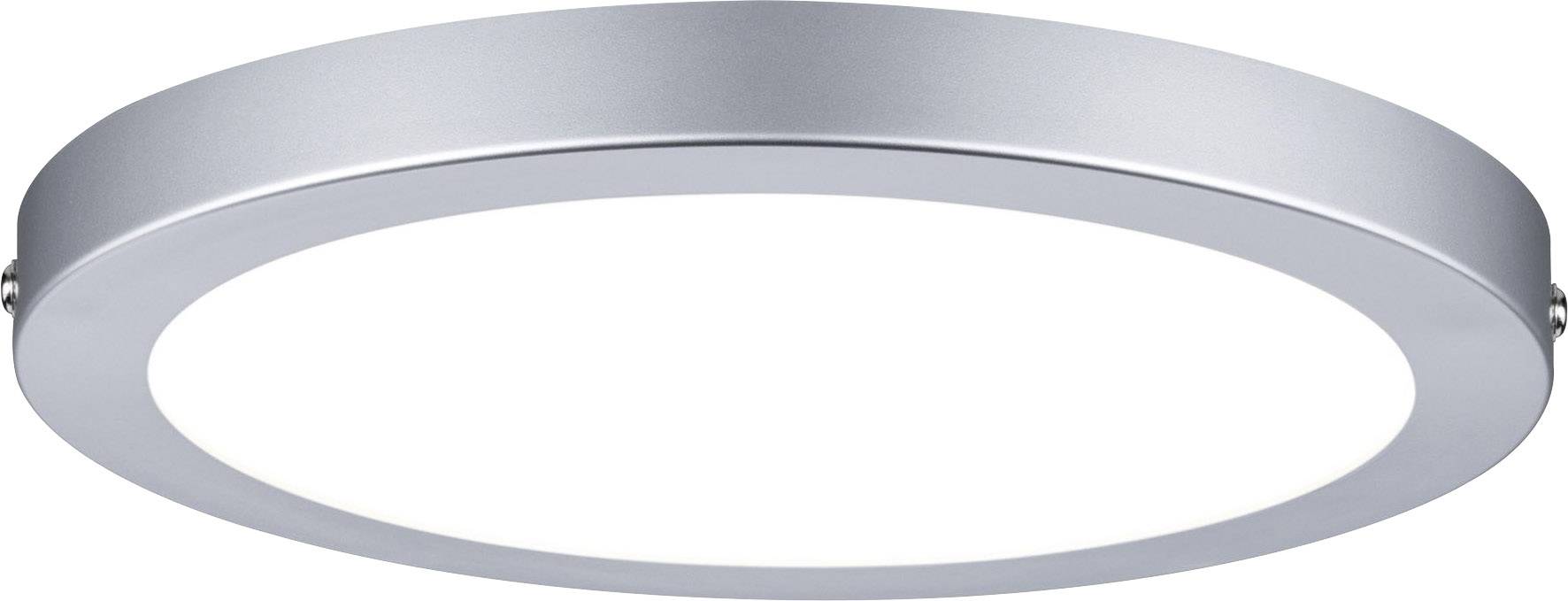 Kulatá LED stropní lampa se stříbrným rámečkem a bílou svítící plochou, moderního a elegantního designu.