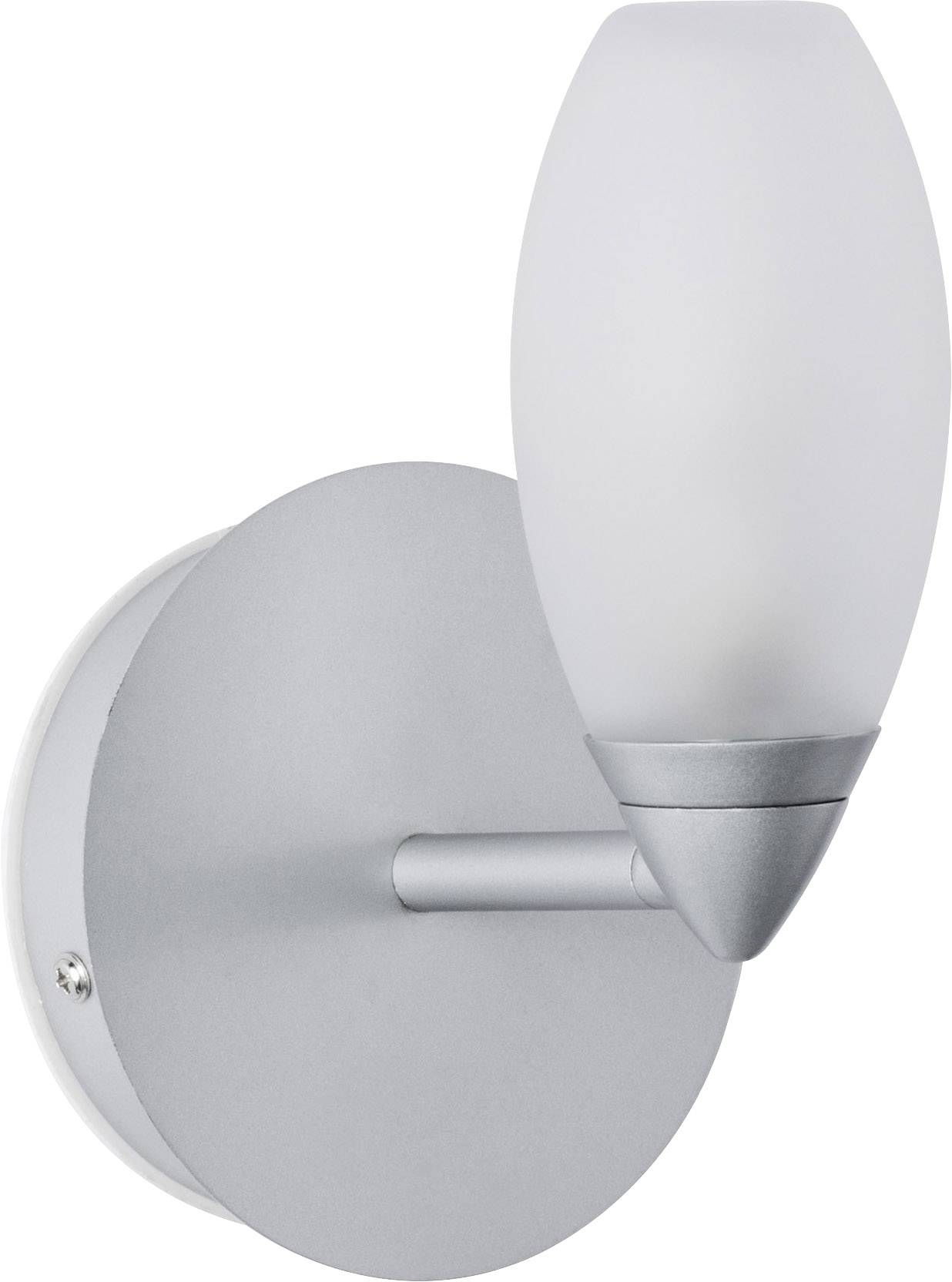 Moderní nástěnná lampa s matným kovovým povrchem a bílým skleněným stínidlem, umístěná na kulatém podstavci.