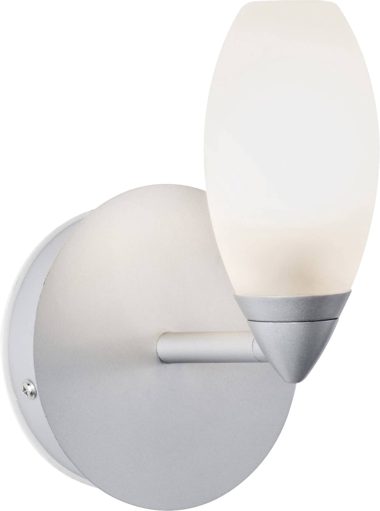 Moderní nástěnná lampa s oválným, matným skleněným stínidlem a jednoduchým stříbrným tělem.