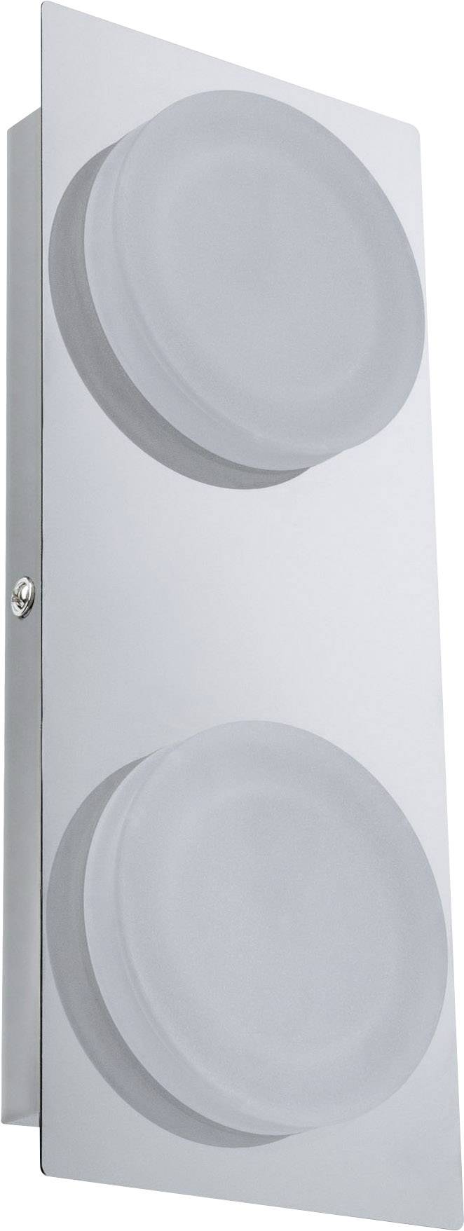 Stříbrná obdélníková nástěnná lampa se dvěma kulatými, matně skleněnými kryty umístěnými vertikálně nad sebou. Minimalistický design.