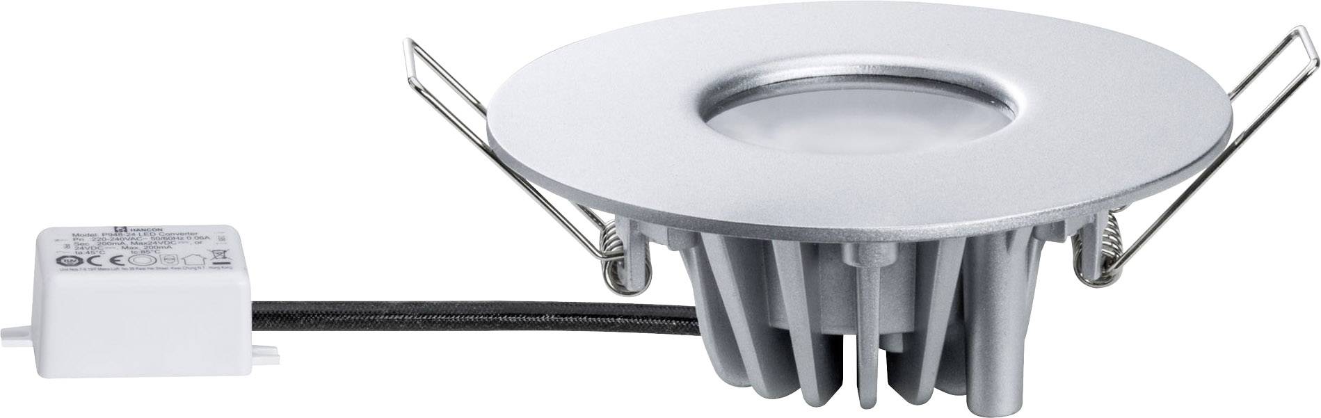 Vestavěné LED svítidlo ve stříbrné barvě s kabelem a externím transformátorem. Vhodné pro montáž na strop, moderní design.