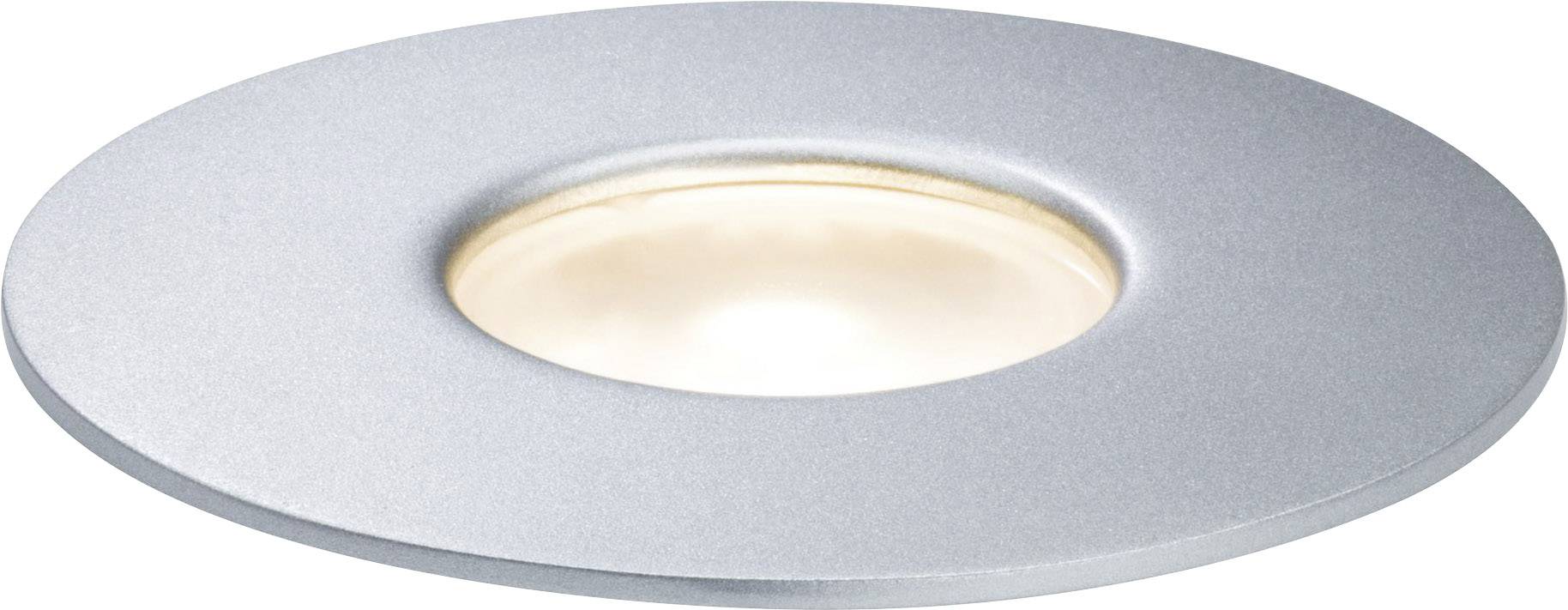 Kulatá stříbrná vestavná svítidlo s centrálním světelným zdrojem, osvětlující v teplé bílé. Ideální pro moderní, minimalistické interiéry.
