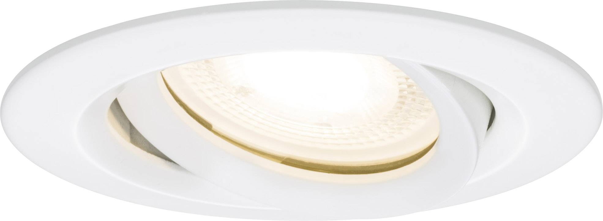Vestavěné svítidlo s bílým rámečkem a centrálním LED světlem, které vyzařuje teplé světlo a je zapuštěné do kulatého krytu.