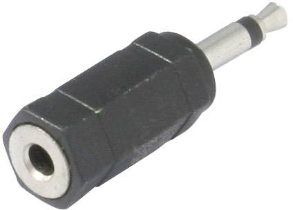 Černý audio adaptér s 3,5mm stereo konektorem, samec na samici, určený pro připojení sluchátek nebo reproduktorů.