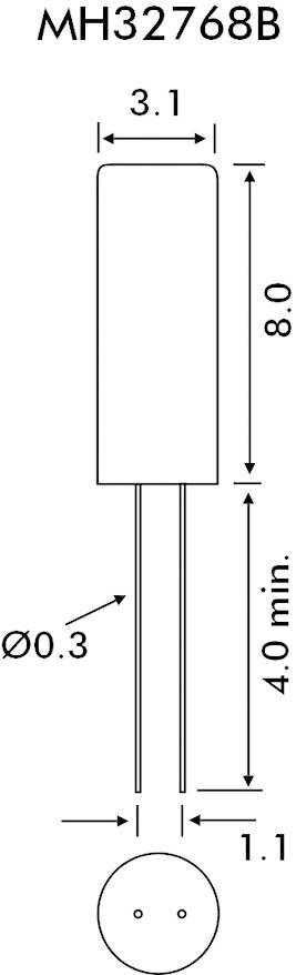 'MH32768B' elektronická součástka výkres: Obdélníková komponenta se dvěma vodiči. Rozměry: 8,0 x 3,1 mm, průměr vodiče 0,3 mm.