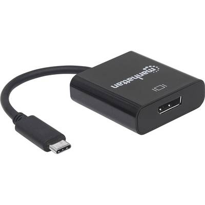 Černý adaptér značky Manhattan s USB-C konektorem na jedné straně a HDMI konektorem na straně druhé.