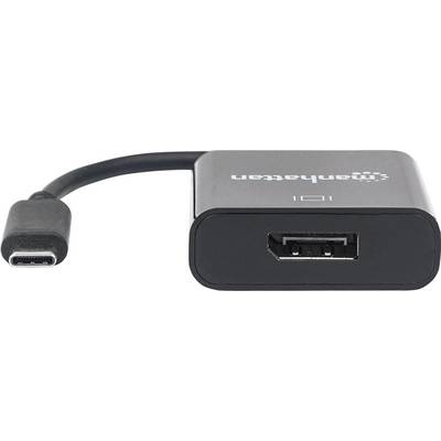 Černý adaptér Manhattan USB-C na DisplayPort. Zobrazuje zásuvku USB-C a zásuvku DisplayPort pro připojení zařízení.