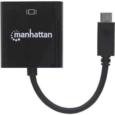 Černý adaptérový HDMI kabel Manhattan s konektorem USB-C. Propojuje zařízení pro přenos videa a audia.