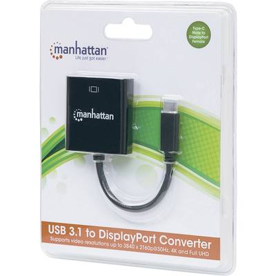 Měnič Manhattan USB 3.1 na DisplayPort v balení. Převádí signály USB-Type-C na signály DisplayPort. Podporuje 4K, Full UHD.