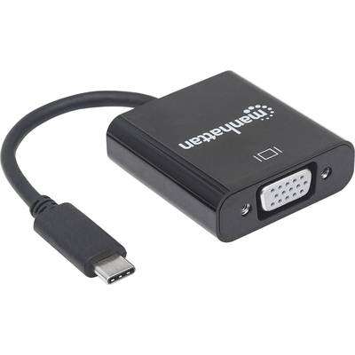 Černý USB-C na VGA adaptér s logem Manhattan, který umožňuje připojení zařízení s USB-C k VGA displejům.