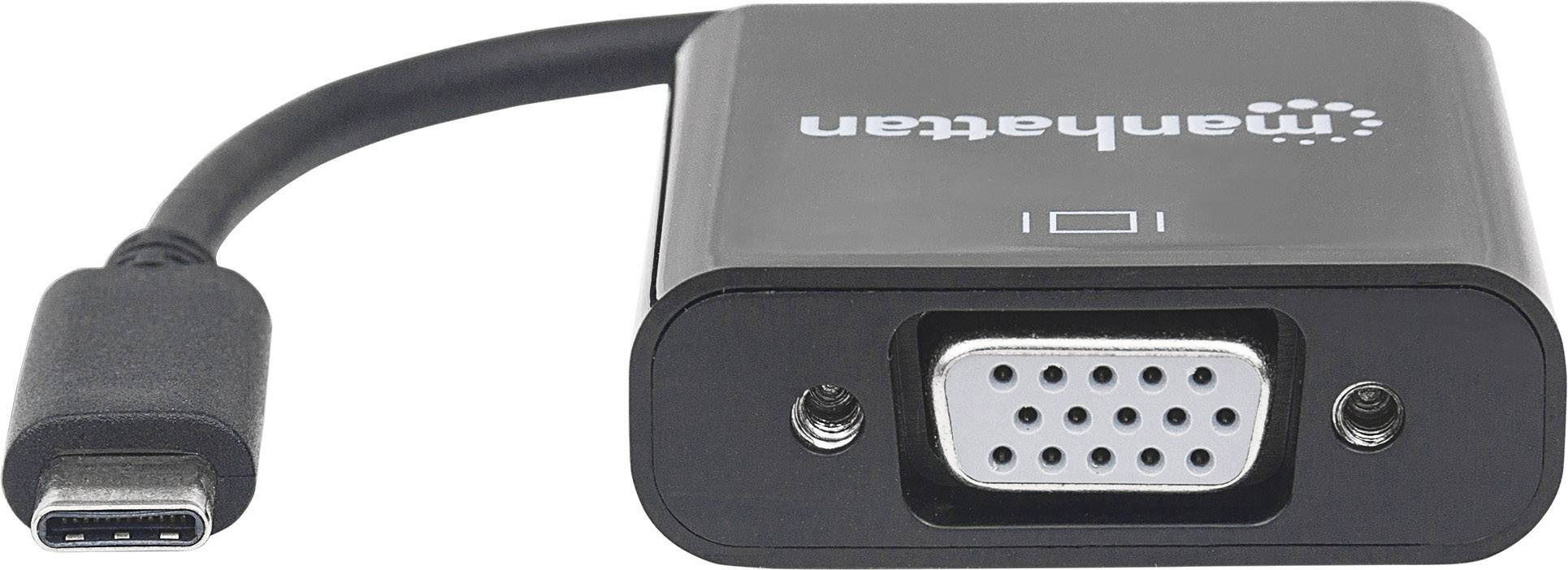 Adaptér s USB-C konektorem vlevo a VGA výstupem vpravo. Název značky viditelný nahoře. Propojuje moderní zařízení se staršími monitory.