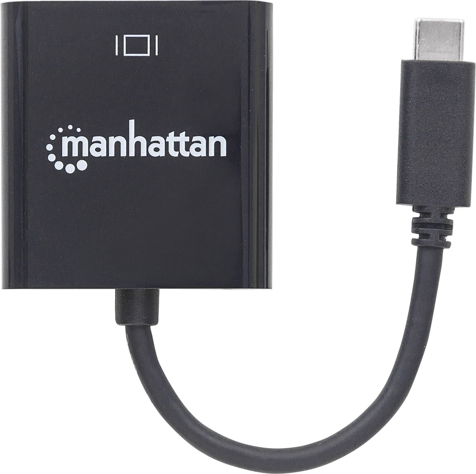 Černý adaptér s nápisem 'manhattan' převádí HDMI na USB-C.