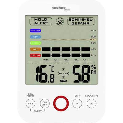 Vlhkoměr ukazuje 16,8°C a 58% relativní vlhkosti vzduchu, varuje před nebezpečím plísně. Zelená LED dioda pro 'komfort' je aktivní.