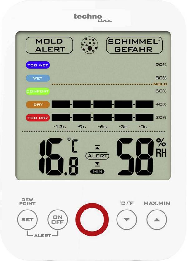 Techno Line WS 9422 vlhkoměr vzduchu (hygrometr), 20 % rF-95 % rF, detektor bodu tání/plísně