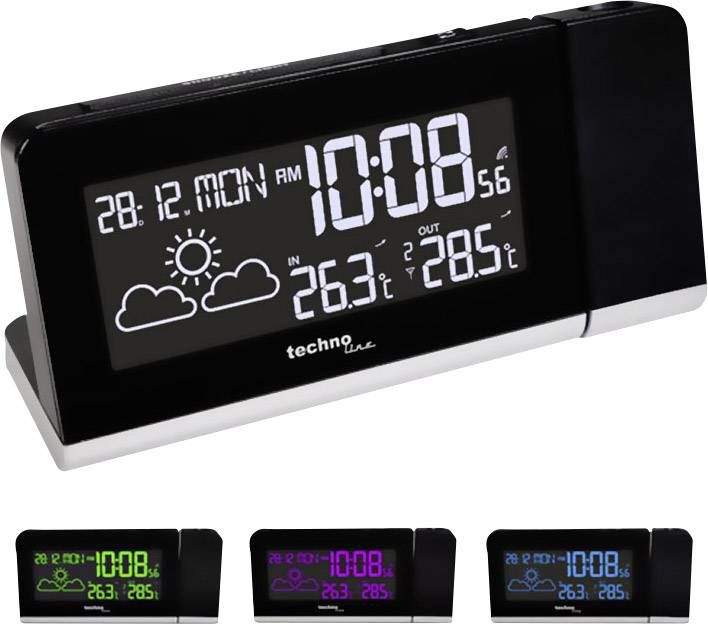 Digitální budík ukazuje 28. 12., pondělí, 10:08. Uvnitř 26,3 °C, venku 28,5 °C. Zobrazuje předpověď počasí se symbolem mraků.