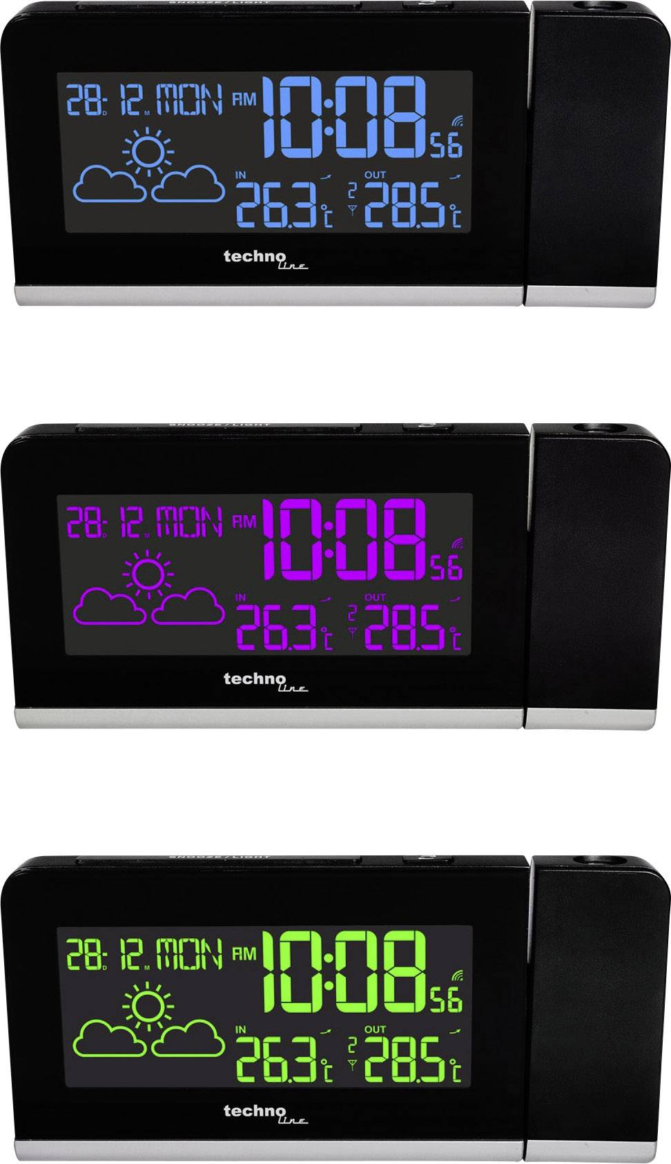 Digitální budík ve třech pohledech: zobrazení data (28.12.), času (10:08), počasí a teploty (26,3°C uvnitř, 28,5°C venku) v modré, magentové a zelené barvě.