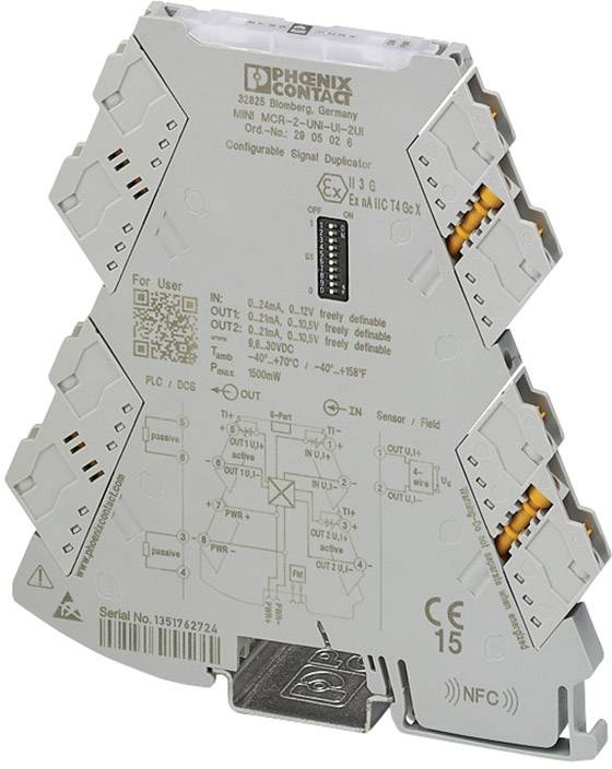 Elektronický modul od Phoenix Contact, model MCR-2-BL-UI-UI-2-6U signalizuje a odděluje vstupní signály, konfigurovatelný přes NFC.