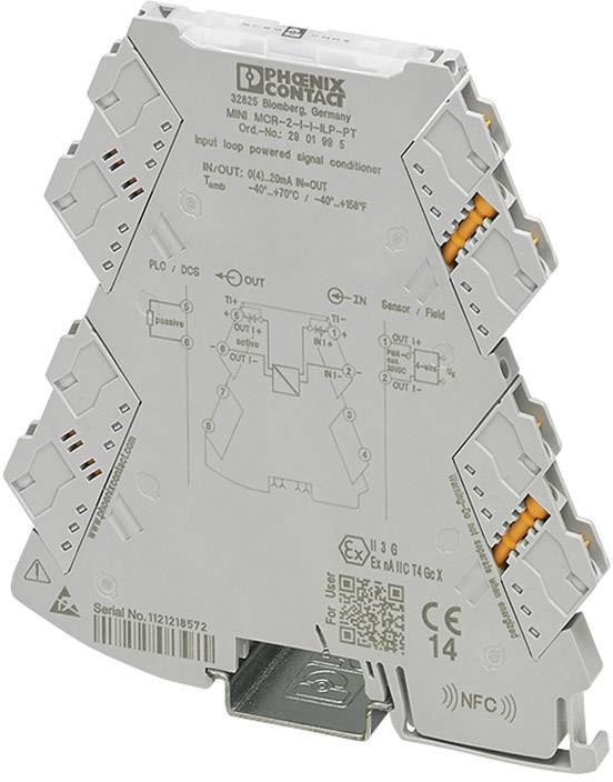 Šedé elektrické zařízení pro přenos signálu od společnosti Phoenix Contact, které se montuje na DIN lištu a má několik kabelových připojení.