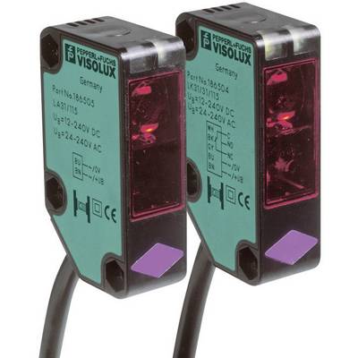 Dva obdélníkové optoelektronické senzory v zeleno-černém provedení umístěné vedle sebe. Oba mají červené LED indikátory a jsou propojeny kabelem.