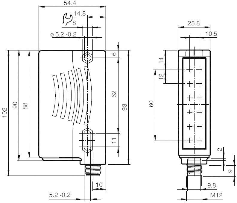 Technický výkres obdélníkového elektronického zařízení s konektorem M12, s detailními rozměry v milimetrech a popiskami.