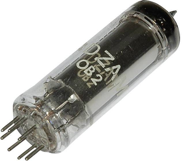 Skleněná trubice s kovovými kolíky, pravděpodobně elektronka, na které je nápis '0B2'.